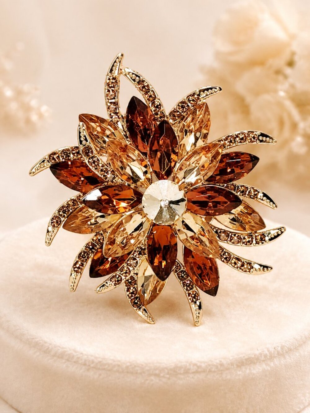 Gold-Tone Amber & Champagne Rhinestone Floral Starburst Statement Brooch